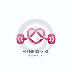 Female fitness gym. Vector logo, icon or emblem with pink barbell heart shape. Design for woman sports club, workout