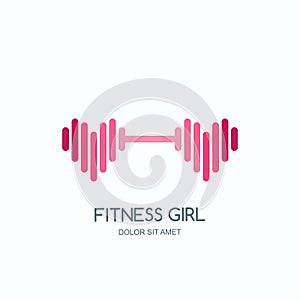 Female fitness gym. Vector logo, label, icon or emblem with pink dumbbell heart shape. Design for woman sports club,