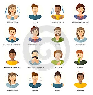 Female flat style characters with symptoms of hypothyroidism. Medical vector infographics, icons. Endocrinology illustration. Symp