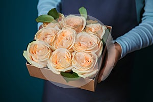 Female florist holding gift box with beautiful roses on color background, closeup