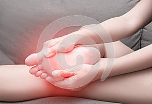 Female foot heel pain with red spot, Sesamoiditis syndrome