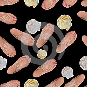 Female foot and shells of scallop. Seamless pattern