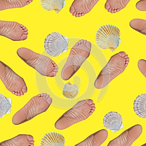 Female foot and shells of scallop. Seamless pattern