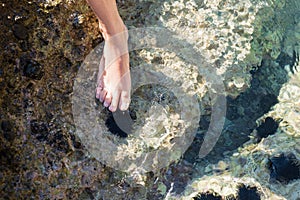 Female foot steeping on sea urchin in ocean water