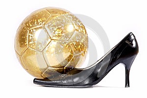 Female footwear and football on a white background
