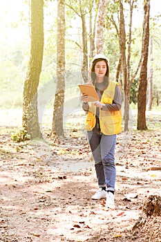 Female forester working in forest. Forestry technician using digital tablet computer in forest. Power of women, gender equality.