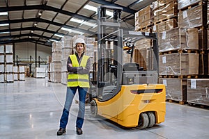 Female forklift driver standing by forklift. Warehouse worker preparing products for shipmennt, delivery, checking stock