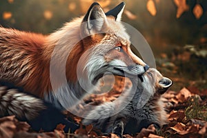 Female fox with a fox cub portrait in a forest