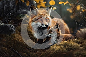 Female fox with a fox cub portrait in a forest