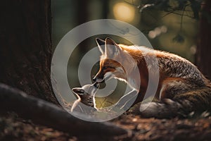 Female fox with a fox cub portrait in a forest