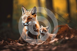 Female fox with a fox cub portrait in a forest