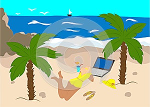 Female freelanc. A girl lies on a beach under palm, whis her laptop, a cocktail, hat and slates.