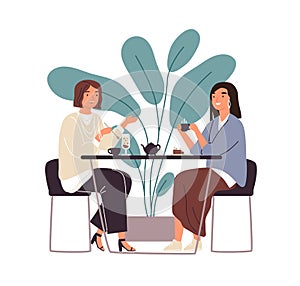 Female friends drinking tea together at cafe vector flat illustration. Smiling woman gossiping spending time at