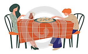 Female friends eating pizza in italian restaurant vector
