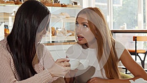 Female friends gossiping, discussing shocking news over cup of coffee