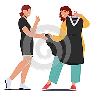 Female Friends Joyfully Explore Fashion, Trying On Dresses, Sharing Laughter, During A Delightful Shopping Spree