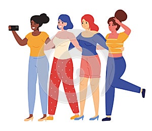 Female friends taking selfie. Happy young girlfriends posing for group selfie vector illustration. Female friendship