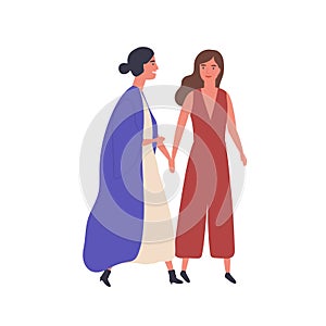 Female friendship flat vector illustration. Lesbian pair, young girls in love. Unconventional relationship, fondness photo