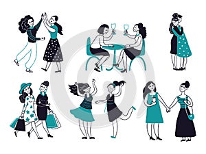 Female friendship. Girls friends together, women drink wine hugging meeting. Cartoon feminists characters, decent