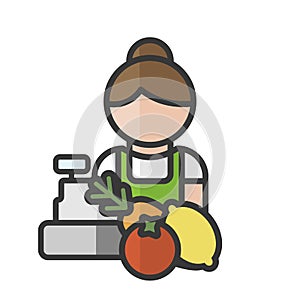 Female fruiterer avatar. Fruits and vegetables seller character. Woman working. Profile user, person. People icon. Vector photo