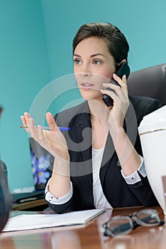 female funeral director talking on telephone in office