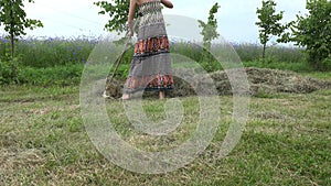 Female gardener in beautiful dress rake hay dry grass in summer. 4K