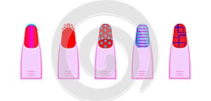 Female gel manicure, Vector set of different nails shape, manicure style. Beauty spa salon illustration with colorful fingernails