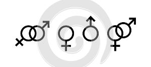 Female gender, male gender. Set of black icons, gender sign or symbol. Astronomy, adchemy, heterosexuality photo