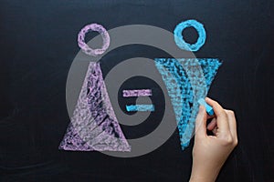 The female gender symbol is equal to the male concept of gender equality. Drawing with chalk on the chalk Board