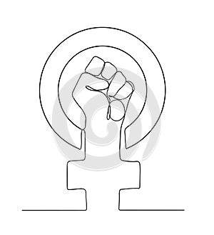 Female gender symbol and raised fist feminism one line vector drawing or logo illustration design. Outline Symbol of