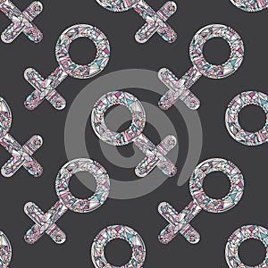 Female gender symbols vector seamless pattern. Hand drawn girl love signs background.