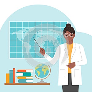 Female geographer. International Day of Women and Girls in Science. Vector flat illustration.  Isolated. White background