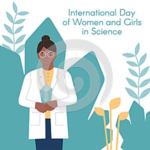 Female geologist. International Day of Women and Girls in Science. Vector illustration in a flat style. White isolated background.