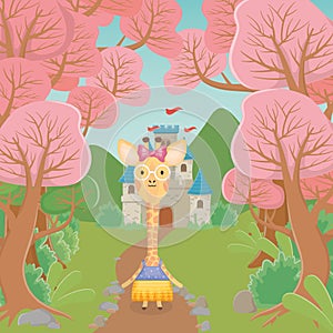 Female giraffe with glasses and clothes castle fantasy fairy tale