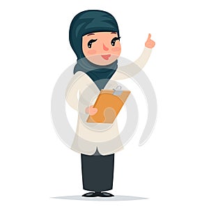 Female Girl Cute Arab Doctor with Clipboard in Hands Forefinger up Advice Preaching Admonition Character Icon