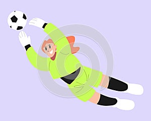 Female goalkeeper trying to catch a soccer ball. Playing football, soccer. Vector flat illustration.