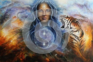 The female goddess Lada in spacial surroundings with a tiger and a heron