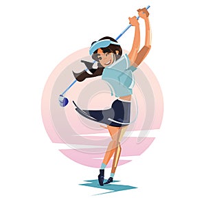 Female Golf in swing posision. smile and cute character in sunset background - vector