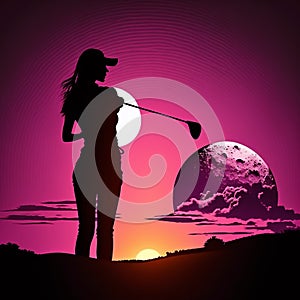 Female Golfer Sunset in the Background Silhouette Design