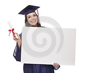 Female Graduate in Cap and Gown Holding Blank Sign, Diploma