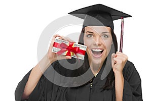 Female Graduate Holding Stack of Gift Wrapped Hundred Dollar Bills