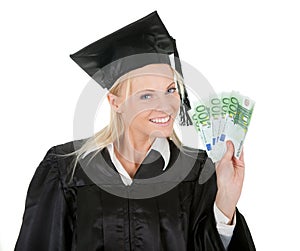 Female graduate student holding money