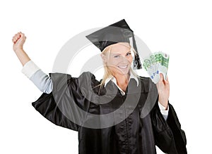 Female graduate student holding money