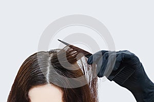 Female gray-haired head. lock of gray hair on a comb. Gray background