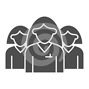 Female group solid icon. Three women in uniform, office workers team symbol, glyph style pictogram on white background