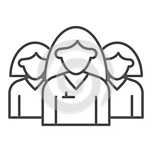 Female group thin line icon. Three women in uniform, office workers team symbol, outline style pictogram on white