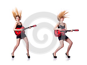 Female guitar player isolated on white