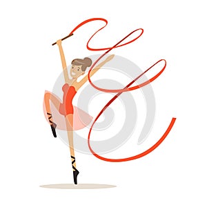 Female gymnast exercising rhythmic gymnastics with ribbon, active sport lifestyle vector Illustration