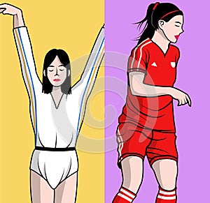 Female gymnast and female soccer player isolated