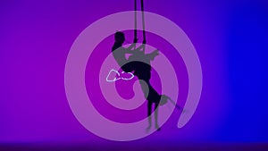 Female gymnastic duet isolated on laser blue neon studio background. Girls aerial dancers flying on gymnastic trapeze